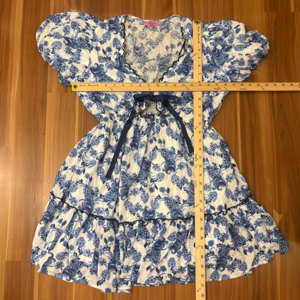 Francesca's Blue White Floral Paisley Scalloped Ribbon Puff Sleeve Mini Dress M - Picture 4 of 6